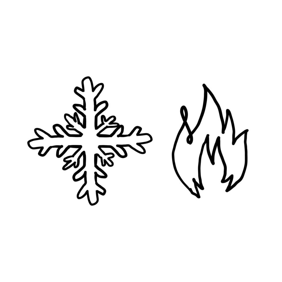icono de vector de símbolo caliente y frío establecido en fondo blanco con estilo de fideos dibujado a mano