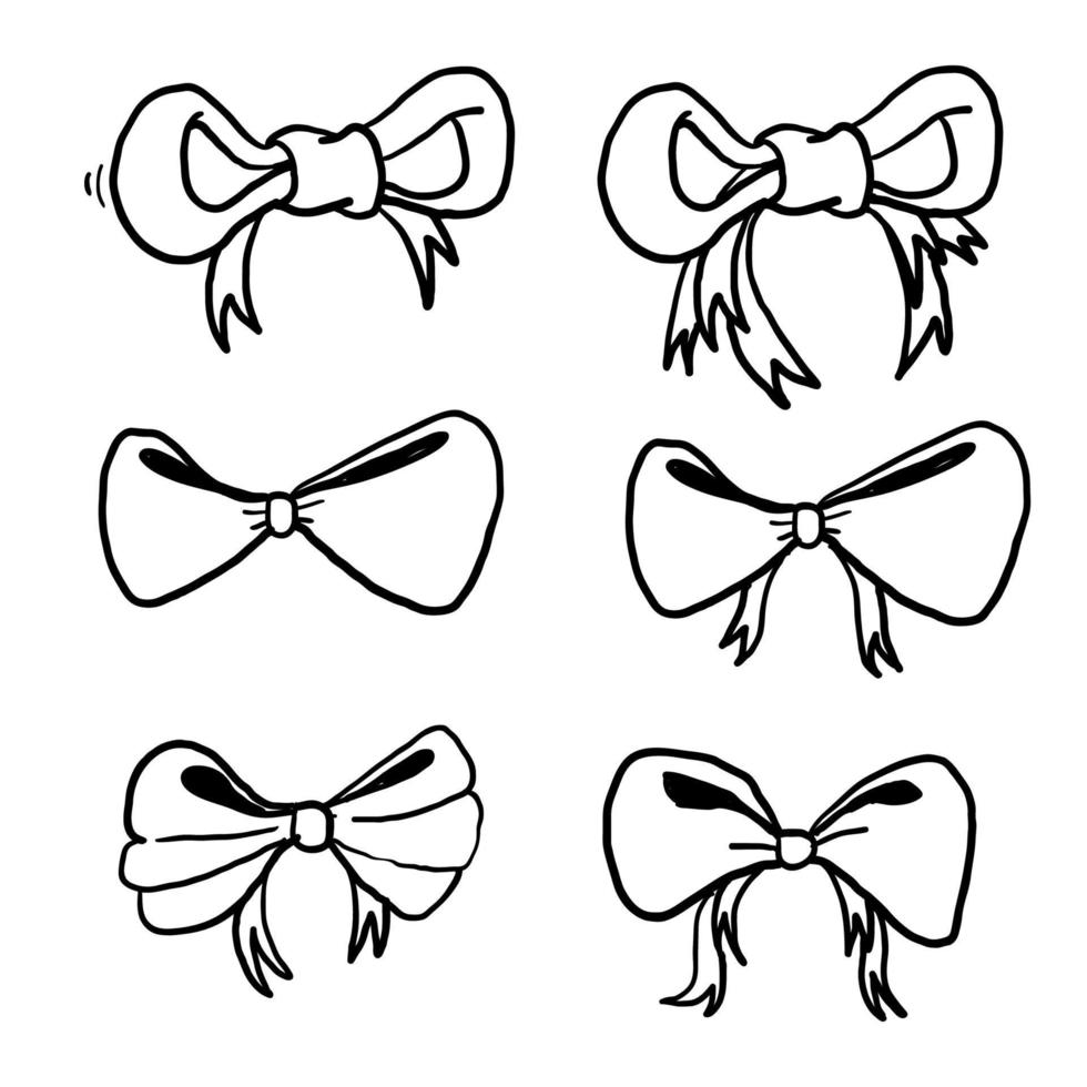 hand drawn bow set. Cartoon vector ribbons bows for xmas gifts, present cards and luxury wrap pack isolated on white background. doodle