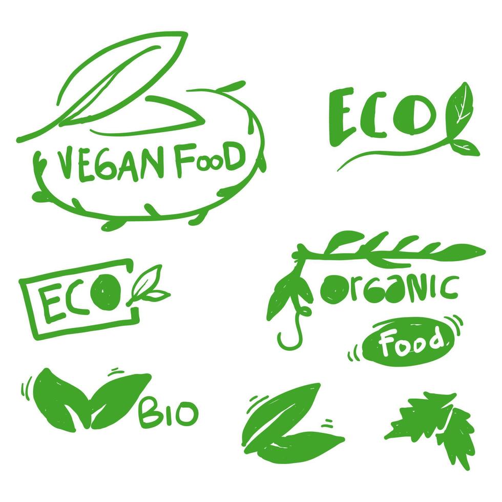 hand drawn Set of Vegan, eco, bio, organic, fresh, healthy, 100 percent, natural food. Natural product. Collection of emblem cafe, badges, tags, packaging.doodle vector