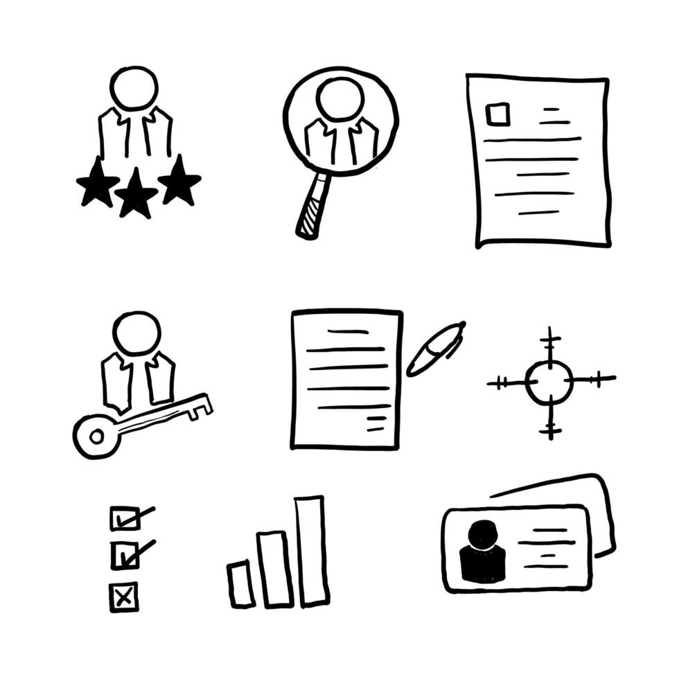 hand drawn Head Hunting Related Vector Line Icons. Contains such Icons as Candidate, CV, Card Index, Outsource and more. doodle