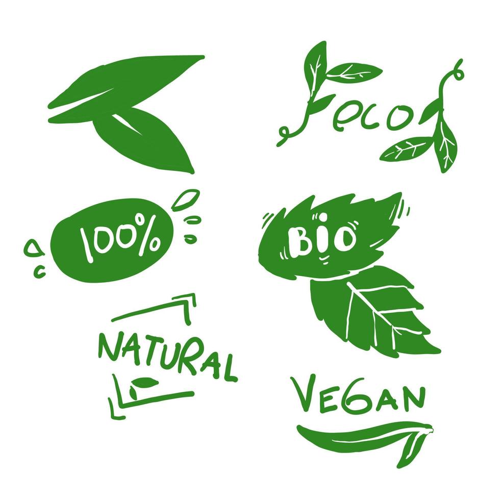 hand drawn Set of Vegan, eco, bio, organic, fresh, healthy, 100 percent, natural food. Natural product. Collection of emblem cafe, badges, tags, packaging.doodle vector