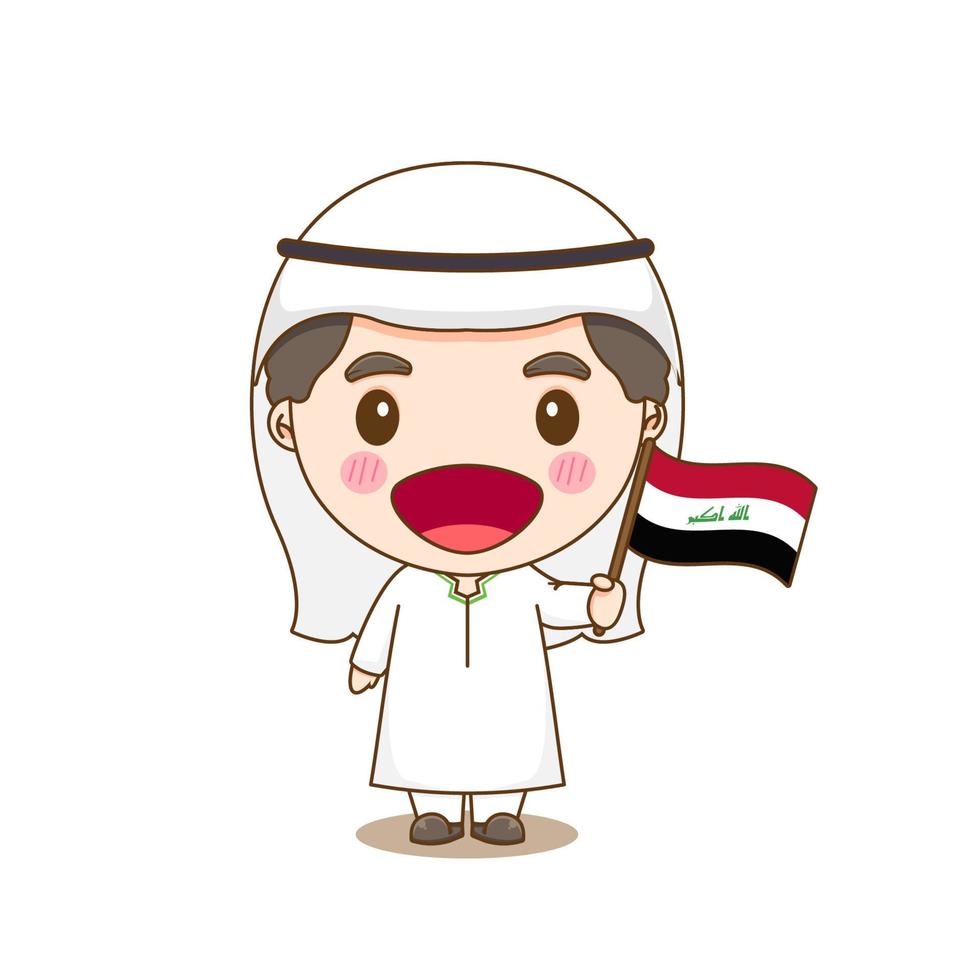 irak en traje nacional con una bandera. un niño con traje tradicional. personaje de dibujos animados chibi vector