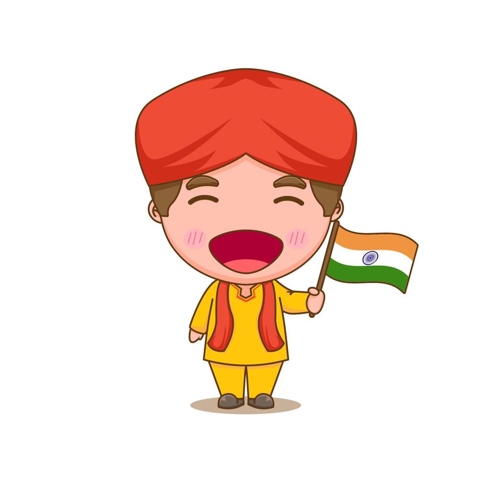 indian in national dress with a flag. A boy in traditional costume. Chibi cartoon character vector