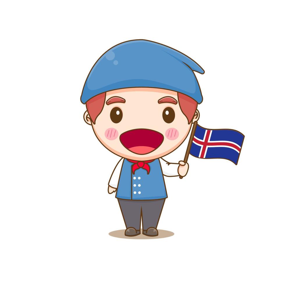 islandia en traje nacional con una bandera. un niño con traje tradicional. personaje de dibujos animados chibi vector