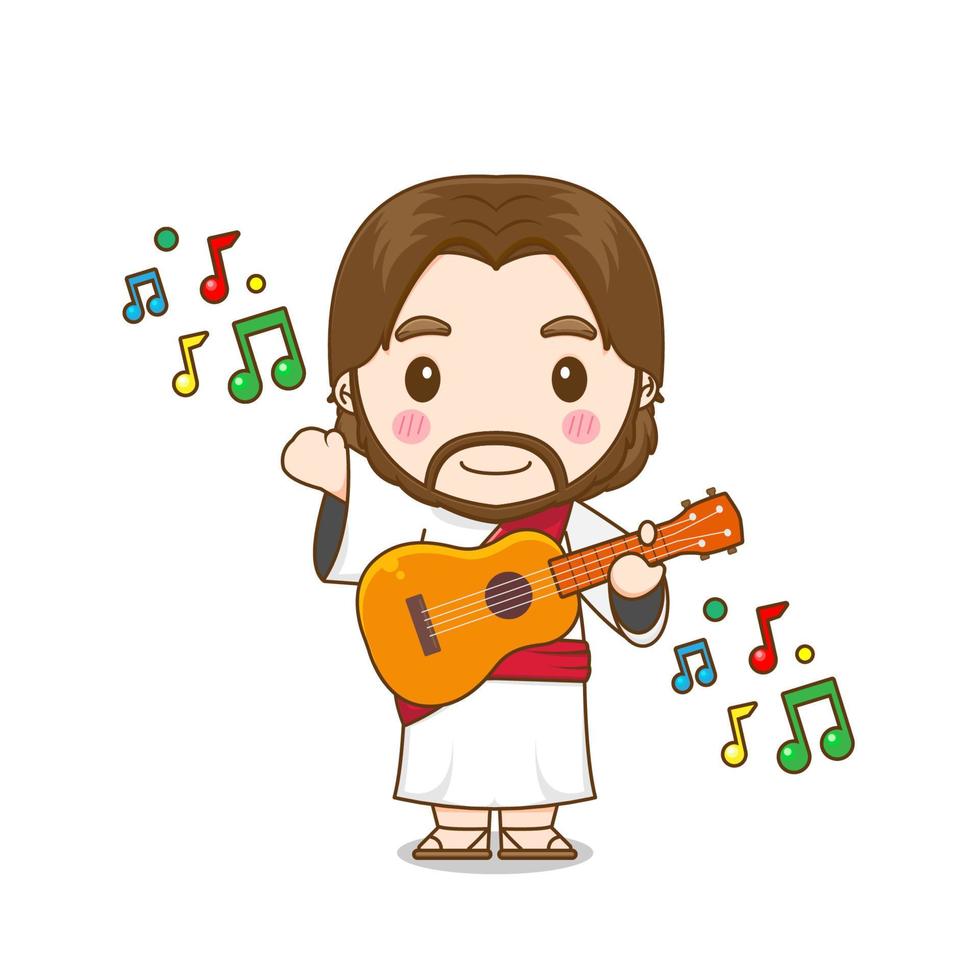 Cute Jesus cartoon character playing guitar vector