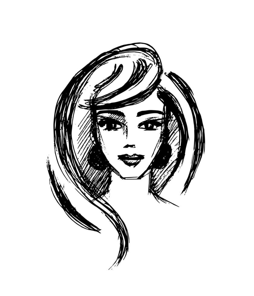 arte de la cara logotipo de retrato femenino. peinado de niña - salón de belleza. cara de niña - ilustración vectorial dibujada a mano vector