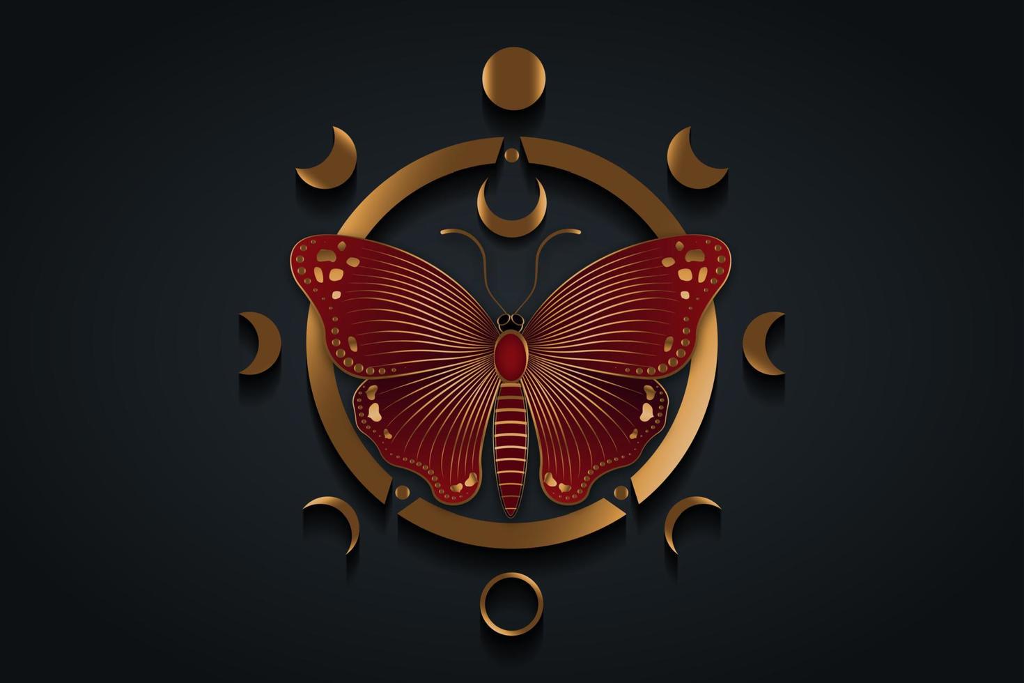 Beautiful red butterfly engraving and Phases of the moon. Wiccan gold luxury symbol, full moon, waning, waxing, first quarter, gibbous, crescent, third quarter Vector logo isolated on black background