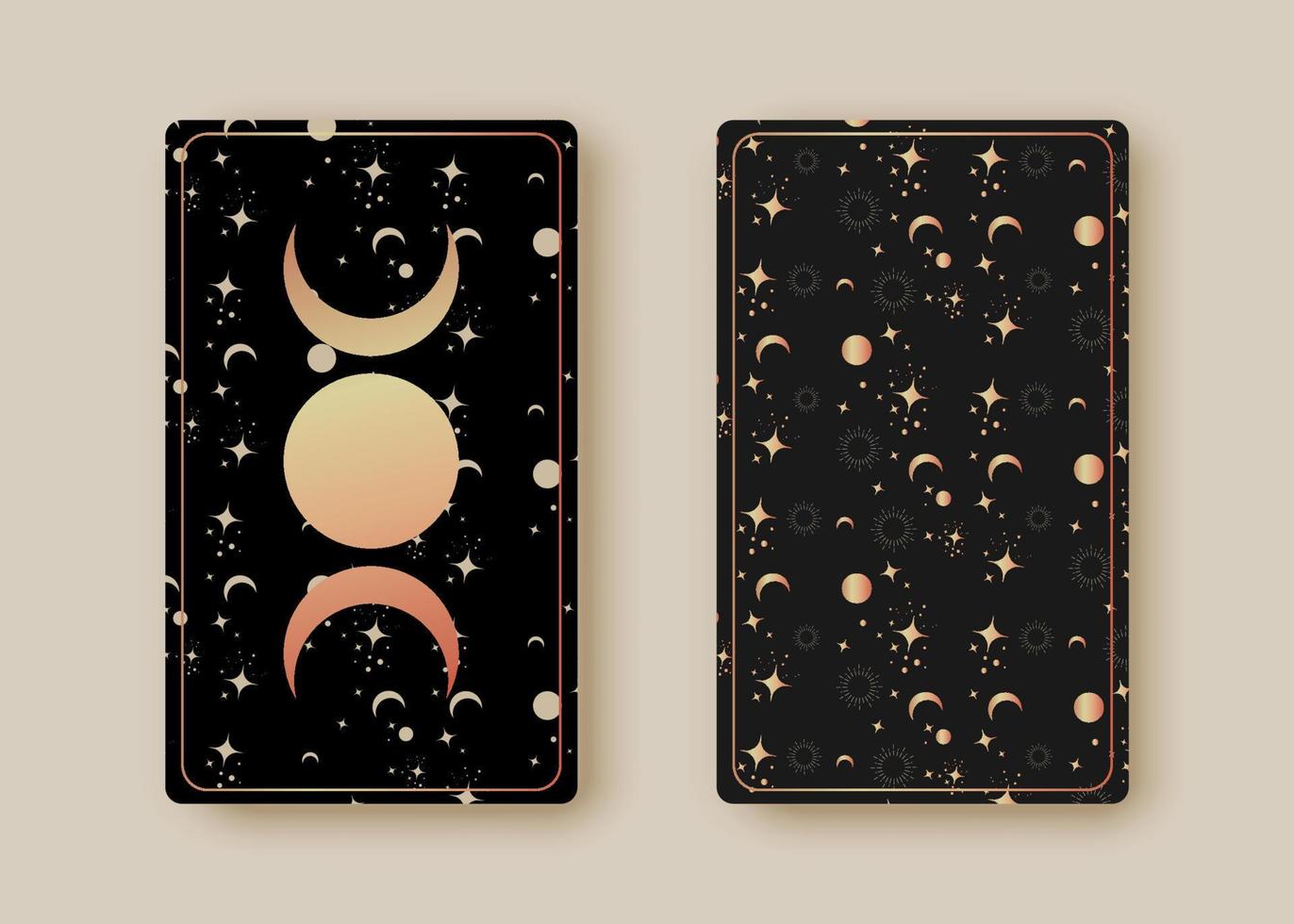 Set magical tarot cards, magic Sun and Triple Moon, boho style, sacred geometry sign, esoteric spiritual symbols, God and Goddess Wiccan icon. Vector vintage collection on black celestial background