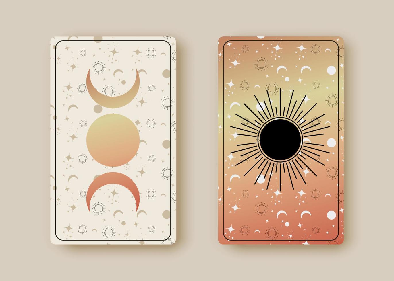 Set magical tarot cards, magic Sun and Triple Moon, boho style, sacred geometry sign, esoteric spiritual symbols, God and Goddess Wiccan icon. Vector vintage collection on old celestial background