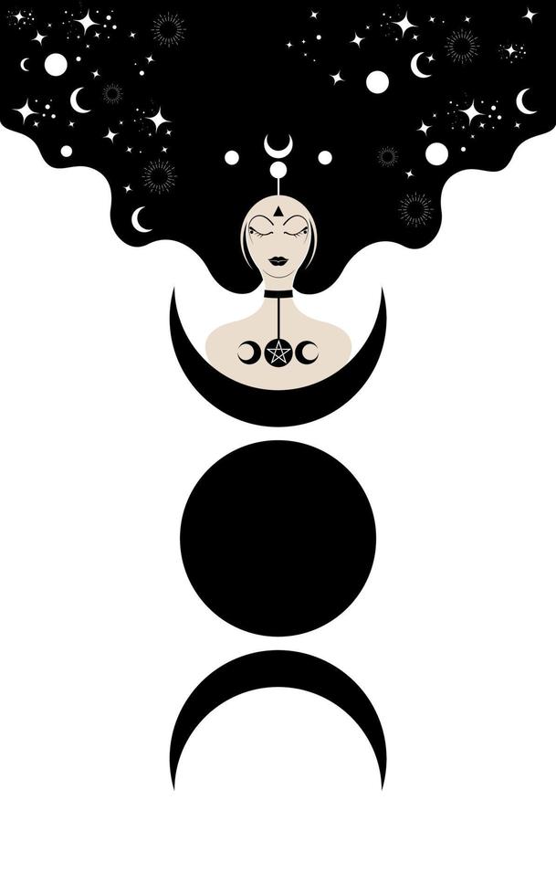 Priestess with lonh hair, template. Triple Moon, sacred wiccan woman goddess icon. Crescent Moon Religious Wicca sign. Neopaganism symbols on white celestial background vector