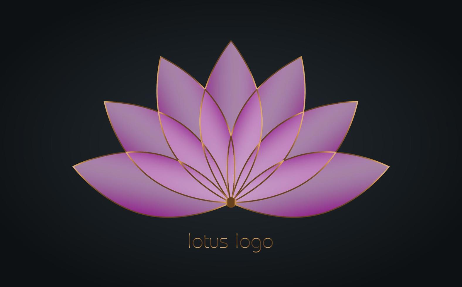 Purple Gold Lotus logo, Flower of Life. Sacred Geometry. Symbol of Harmony and Balance. Golden Luxury Sign of purity. Chakra Yoga design vector isolated on black background