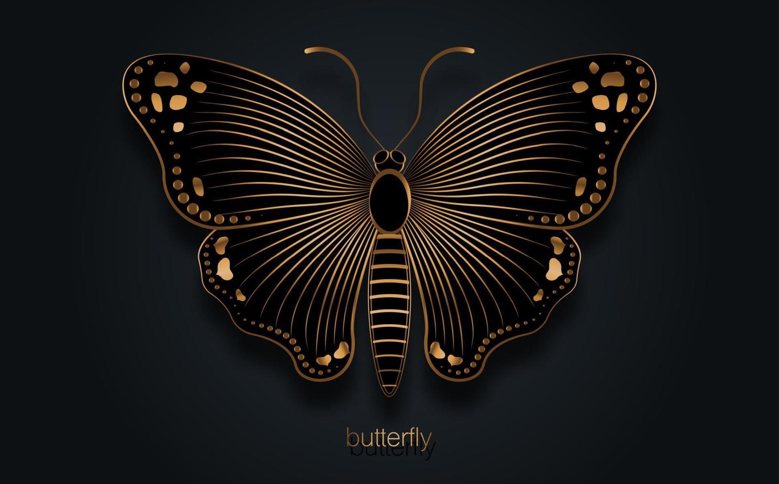 eslogan de mariposa decorativa de lujo dorado con ilustración de plantilla de logotipo de mariposa negra. diseño vectorial para moda, carteles y estampados de tarjetas, empresa, joyería, aislado en fondo negro vector