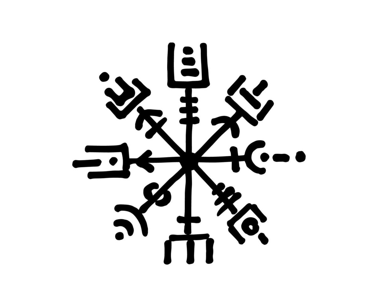 vegvisir brújula rúnica estilo de dibujo a lápiz negro, dibujo a mano de símbolos vikingos, nórdico sagrado, logotipo de tatuaje, símbolos mágicos rúnicos grunge, ilustración vectorial aislada en fondo blanco vector