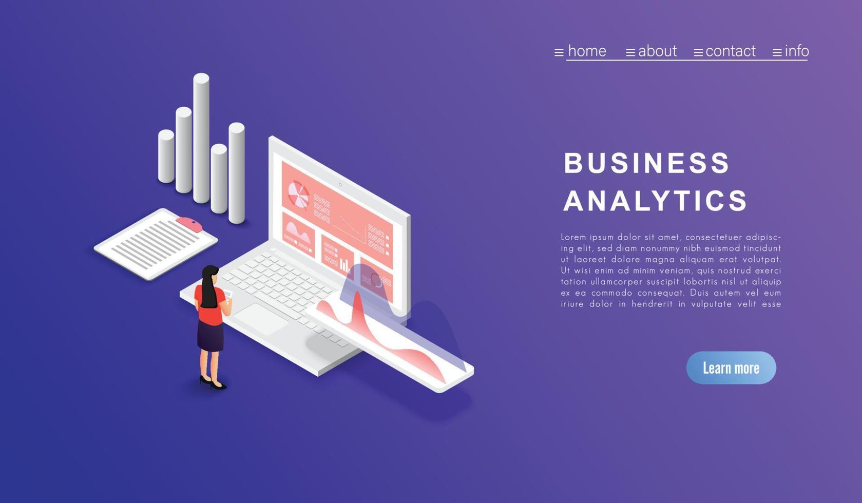 Concept business analysis data and Investment. Business success.Financial review with laptop and infographic elements. 3d isometric flat design. Vector illustration.