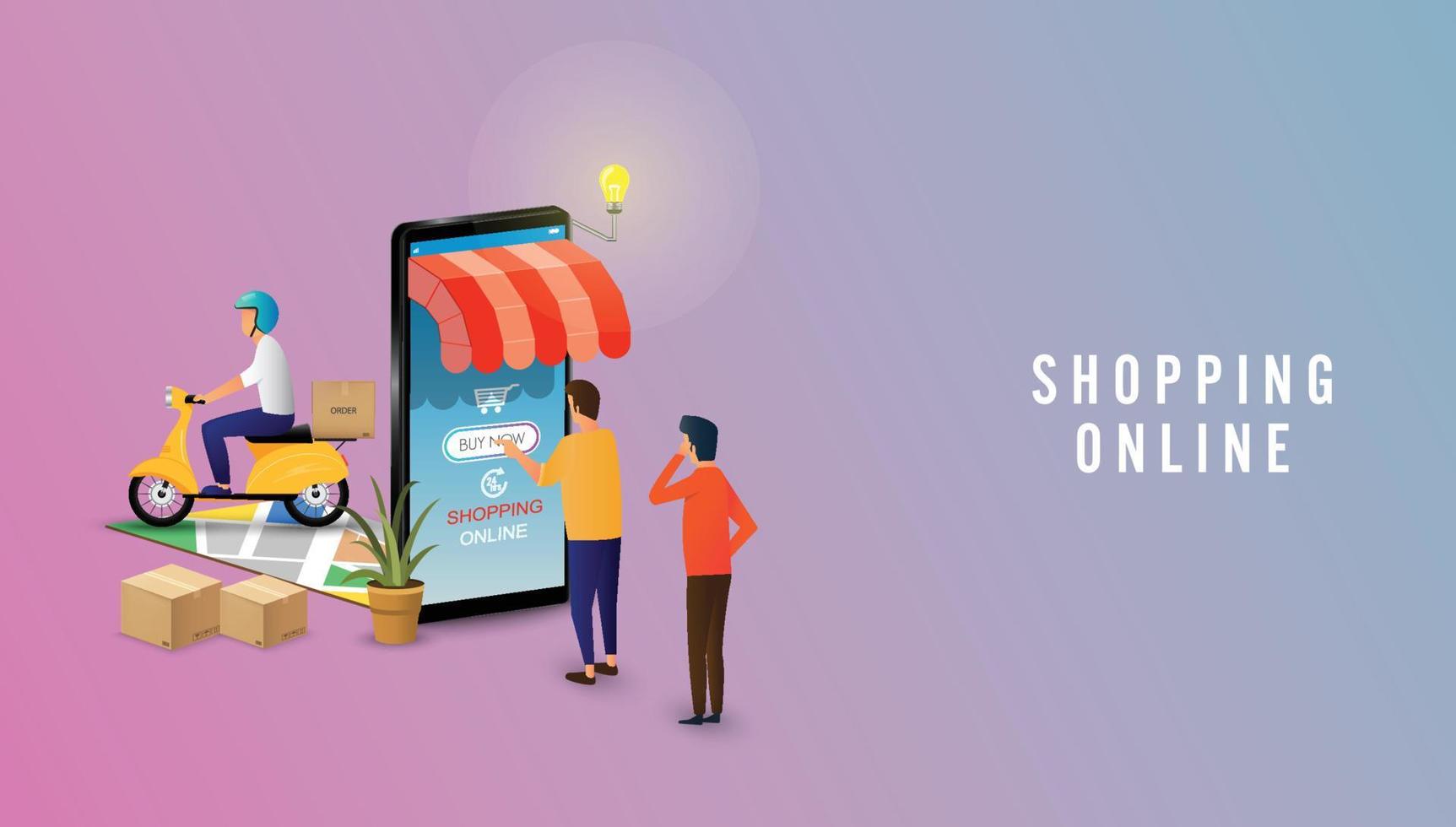 hombre comprando en línea usando un teléfono inteligente. aplicación móvil, entrega de compras en línea. concepto de marketing. ilustrador de vectores. vector