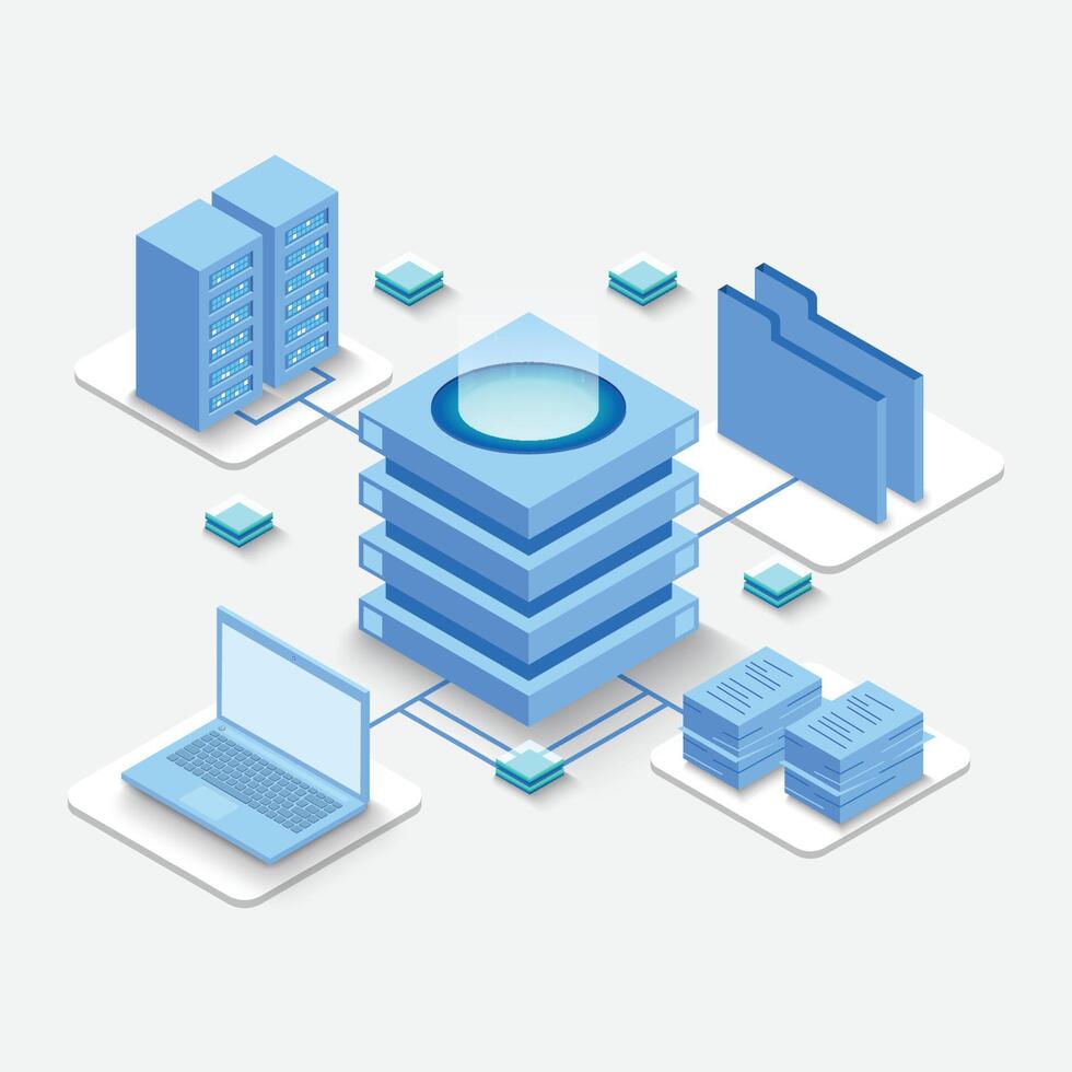 Computation of big data center, information processing, database. internet traffic routing, server room rack isometric vector technology