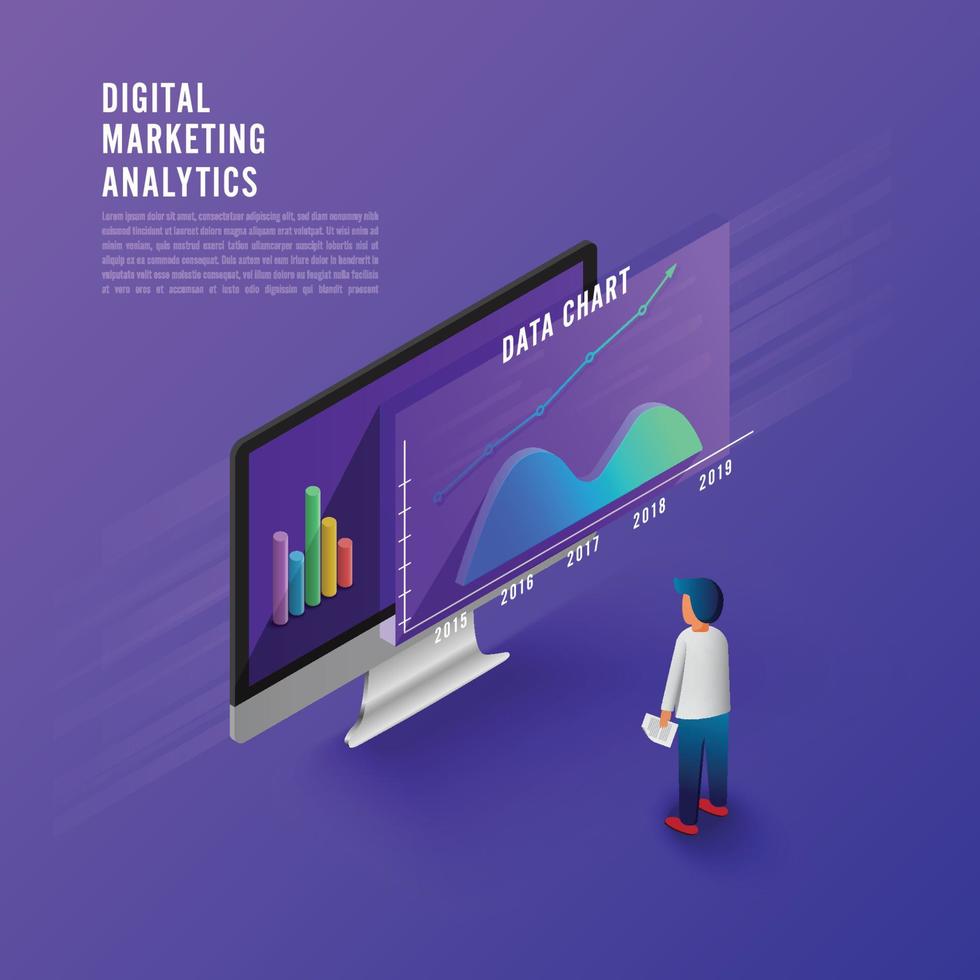 Flat design concept business strategy. 3d isometric flat design. Analysis data and Investment. Business success.Financial review with laptop and infographic elements. Vector illustration.