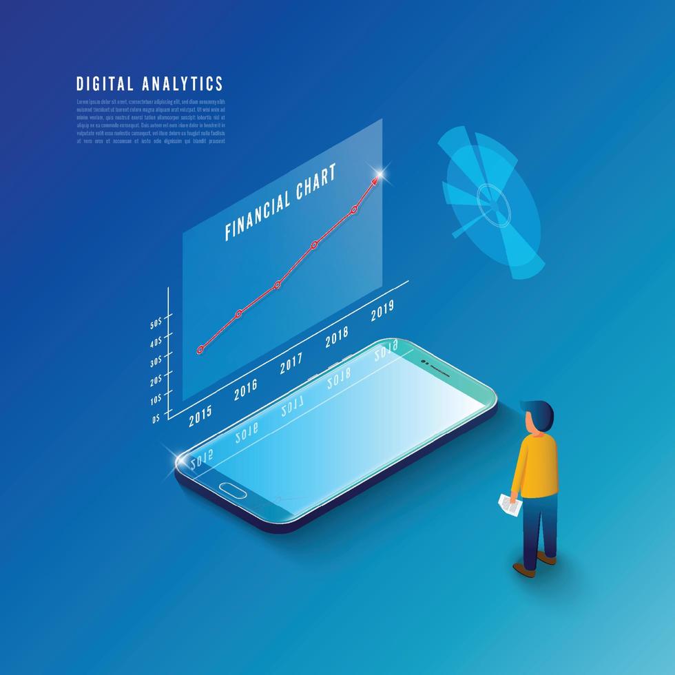 Isometric design concept business strategy. 3d isometric flat design. Analysis data and Investment. Business success. Financial review with smartphone and infographic elements. Vector illustration