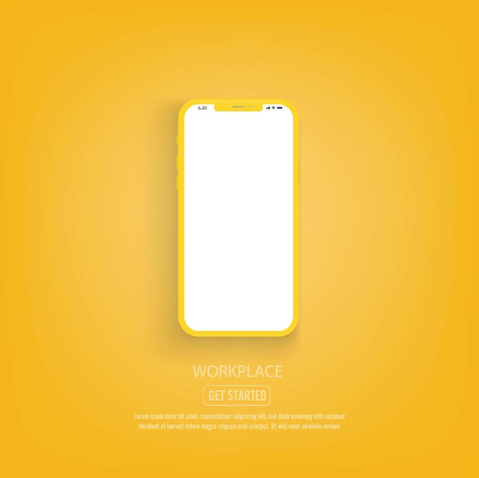 New version of yellow slim smartphone with blank white screen. smartphone on yellow background. Realistic vector illustration.