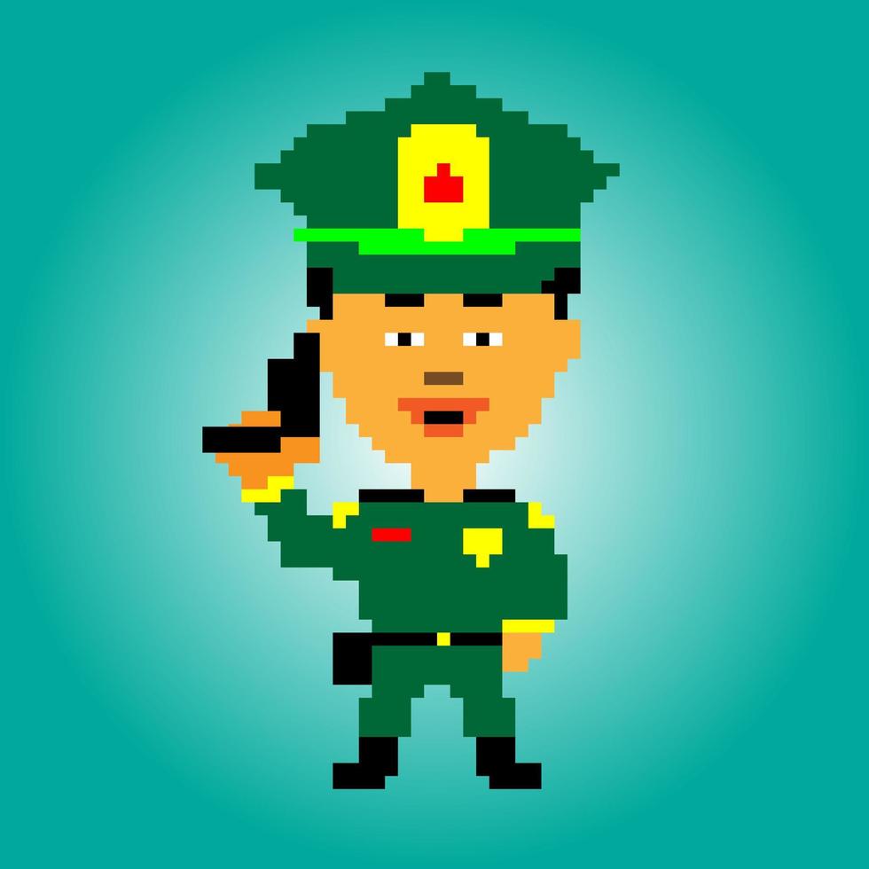 Pixelate cartoon image of army officer. Pixel avatar character of military person. vector