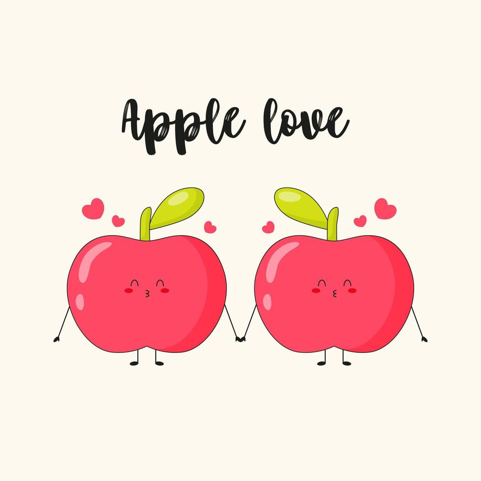 Cute print of red apple couple. Concept of apple love with text. Flat vector illustration.