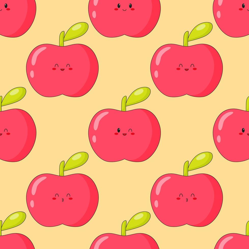 Seamless pattern of cute kawaii apple. Fruit print with different emotions of apple. Flat vector illustration.
