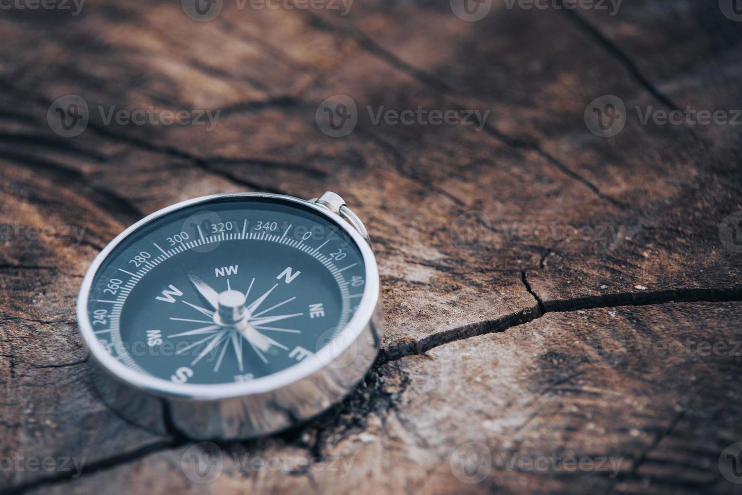 Magnetic compass on old brown wood. Vintage still life. Sailing accessories. Travel, navigation, collecting, souvenir, gift, graphic resources, copy space photo