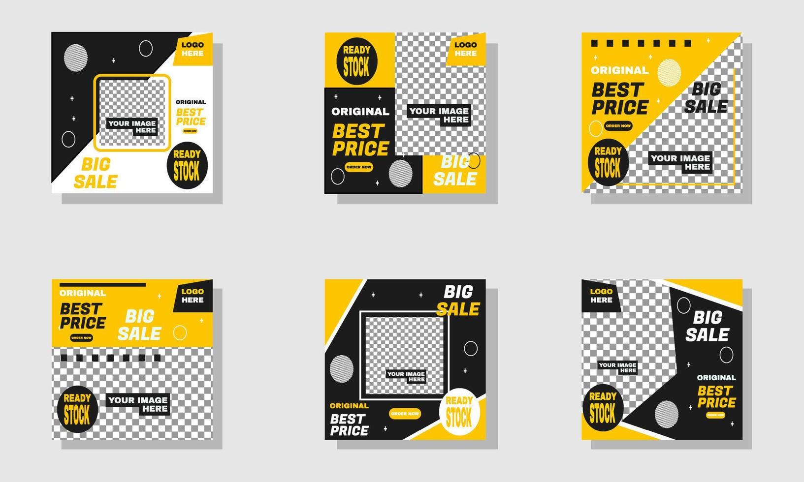 stock vector set of editable minimal square banner design template black and yellow background color with stripe line part 12