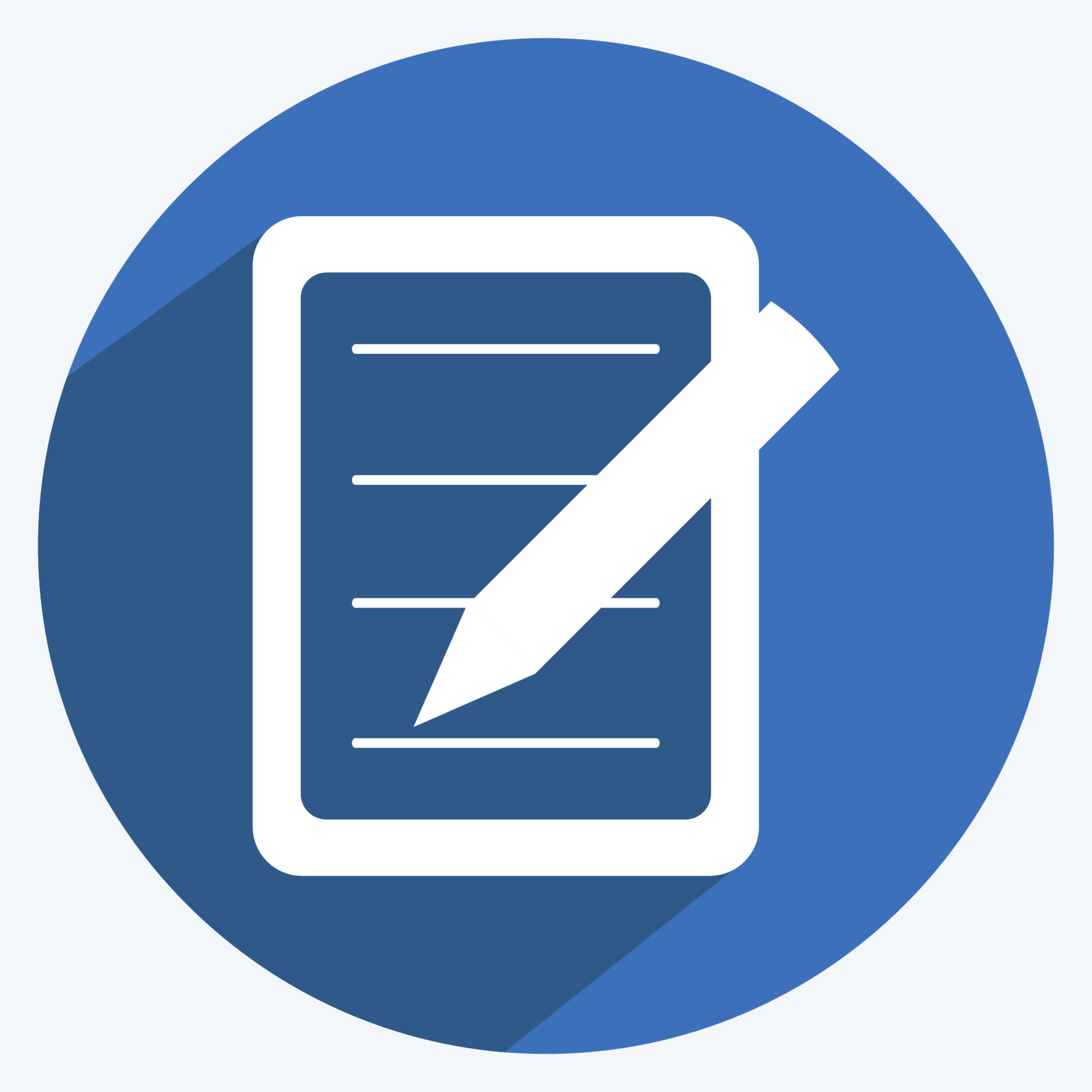 Notepad Icon in trendy long shadow style isolated on soft blue