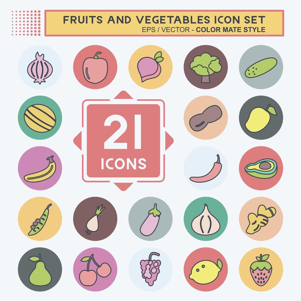 Fruits and Vegetables Icon Set in trendy color mate style isolated on soft blue background vector