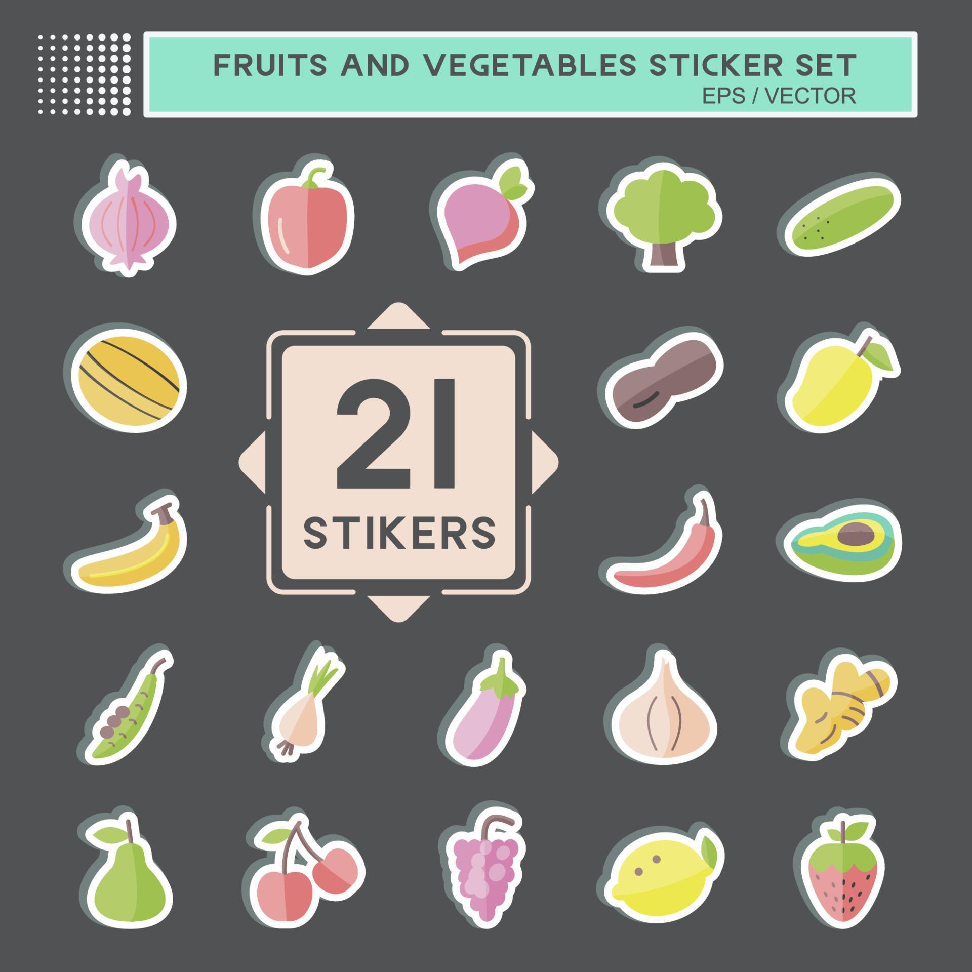 Fruits and Vegetables Sticker Set in trendy isolated on black