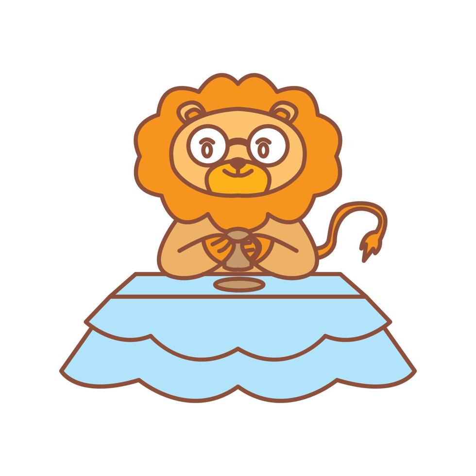 león en la mesa lindo dibujo animado logo icono vector ilustración