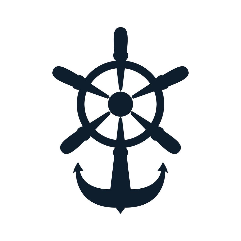 ship wheel with anchor silhouette logo vector icon illustration