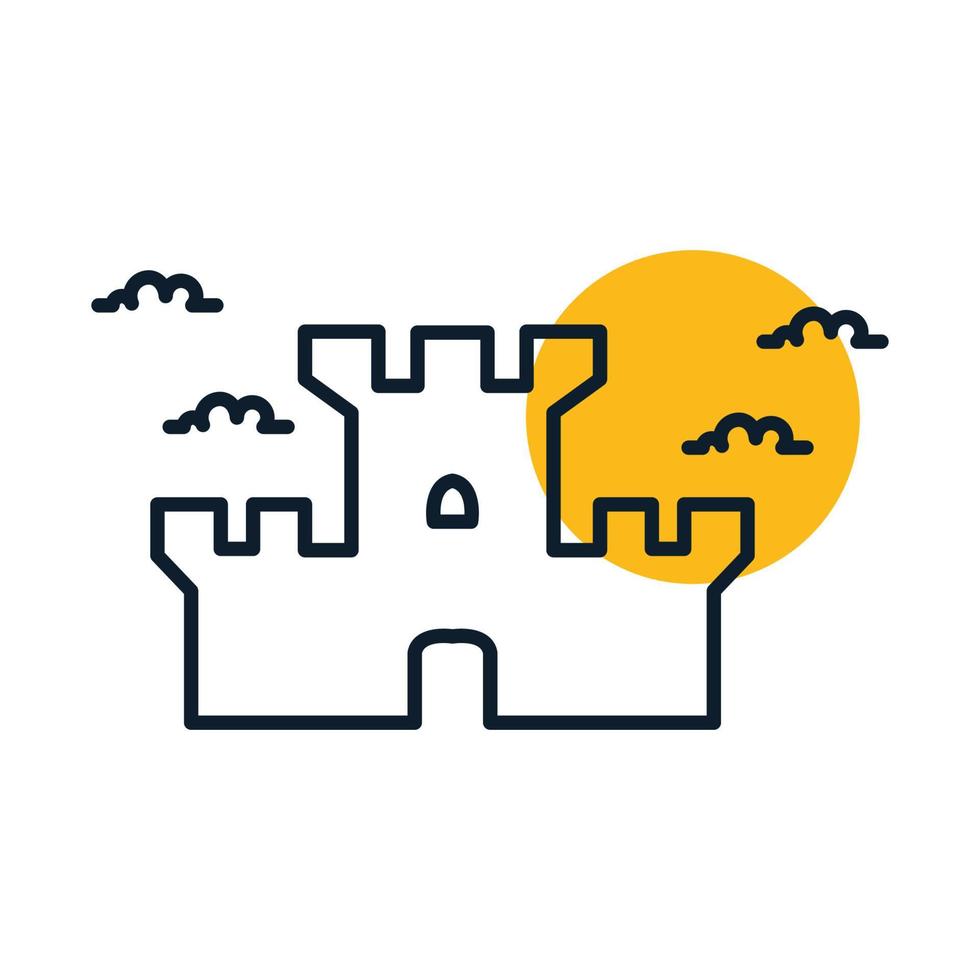 castillo de contorno de línea con ilustración de icono de vector de logotipo de puesta de sol