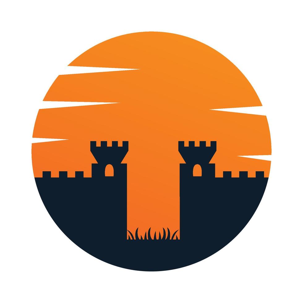 castle walls with sunset logo vector icon illustration