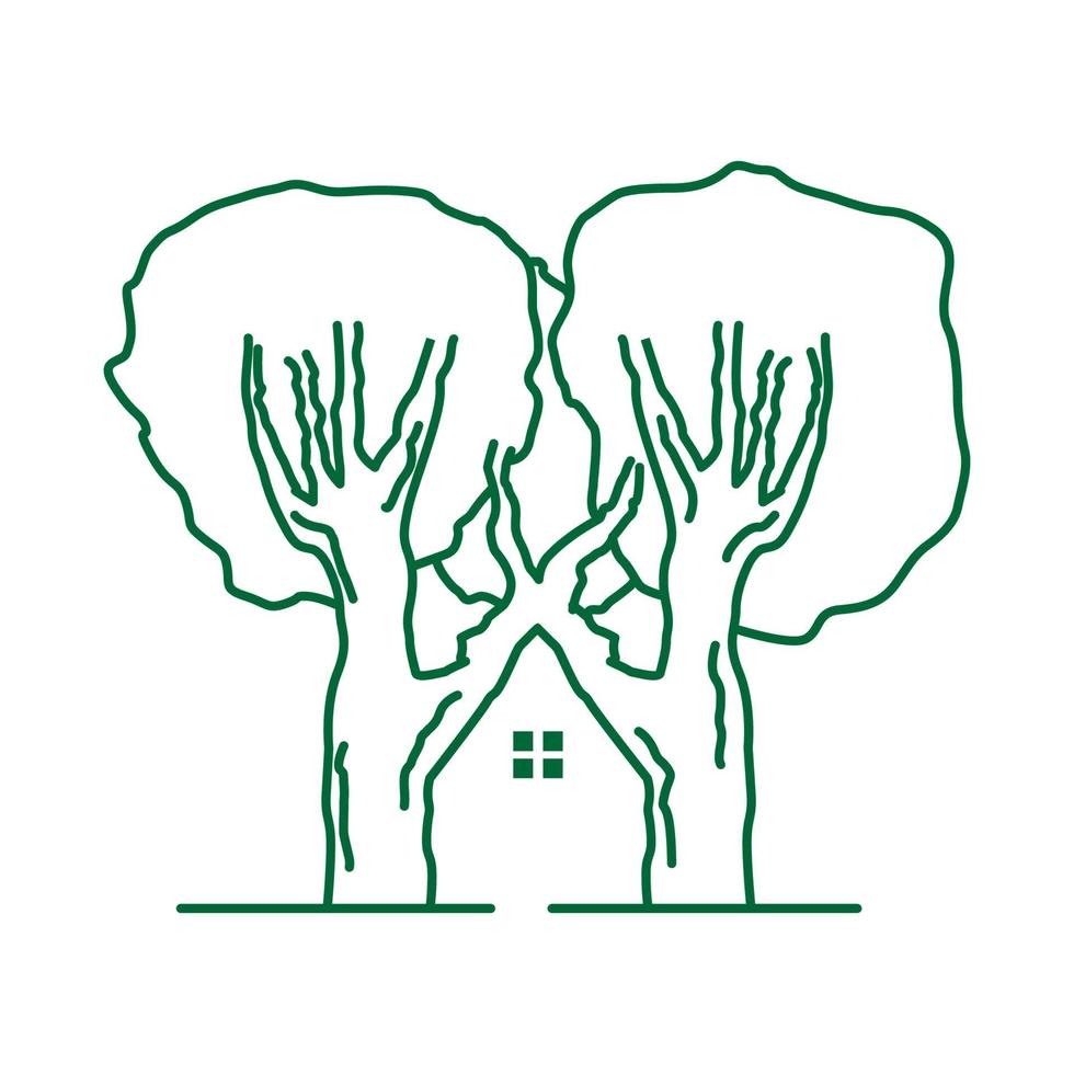home house with tree forest line logo vector icon illustration design
