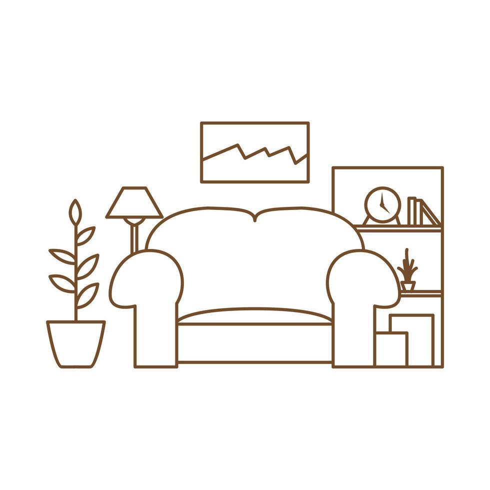 sofa with full interior furniture line outline modern logo vector icon illustration