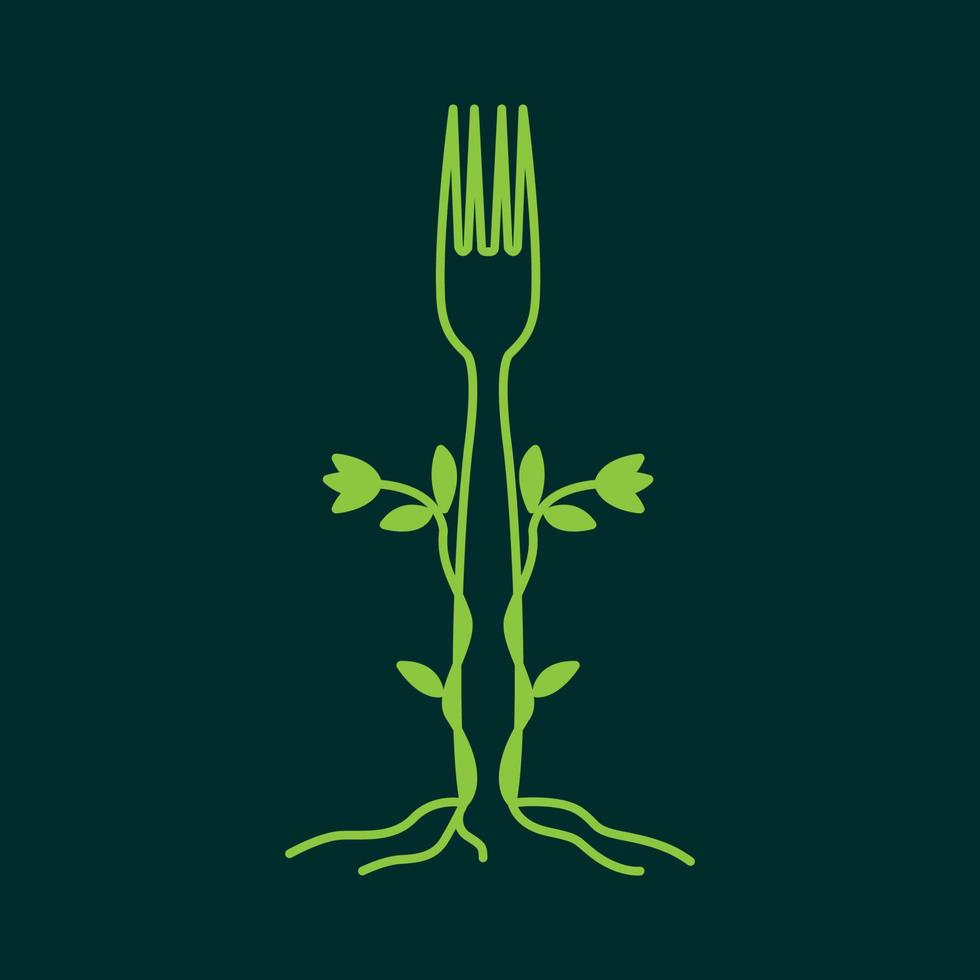líneas verdes naturaleza comida tenedor logotipo diseño vector icono símbolo ilustración