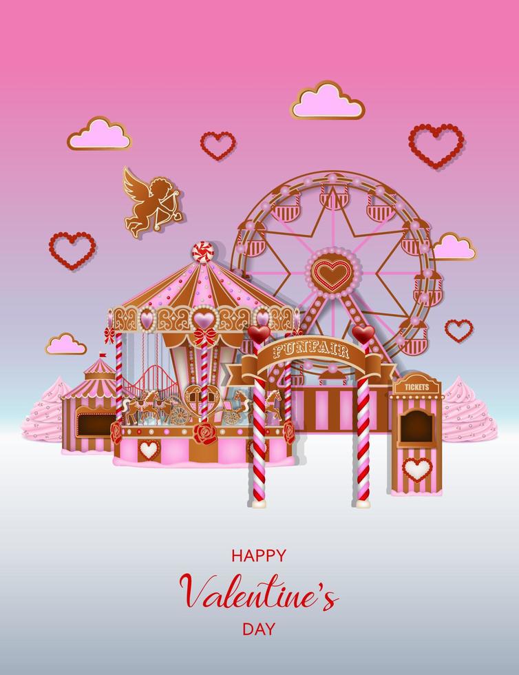 fondo del día de san valentín con parque de atracciones de pan de jengibre. paisaje de san valentin de pan de jengibre vector