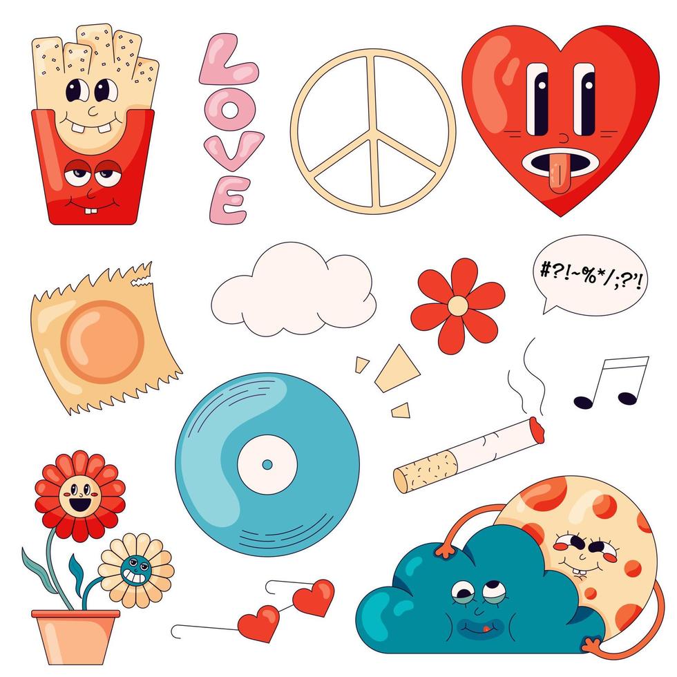 A set of hippie-themed stickers with French fries, flowers, a pacific symbol and other elements of the 70s in a cartoon style vector