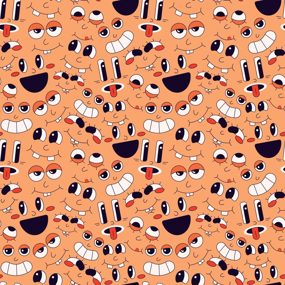patrón transparente de caras con diferentes emociones en un fondo naranja en el estilo de dibujos animados de los años 70 vector