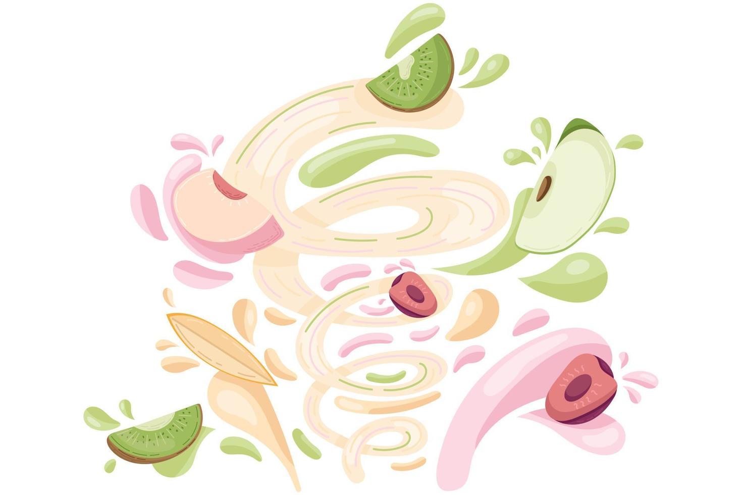 Making fruit fresh smoothie, preparation healthy organic food. Kiwi, peach, cherry, apple and mango juice in a flat cartoon style. Vector illustration