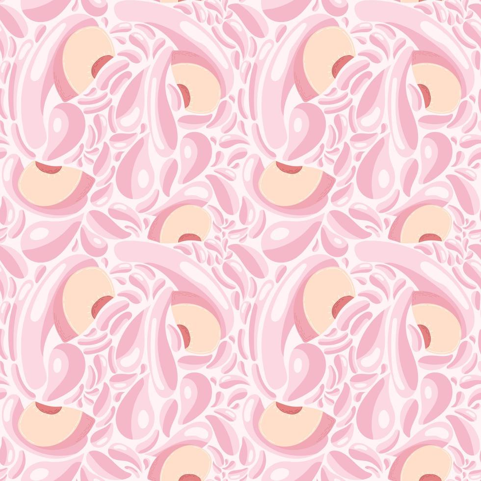 Fruit seamless pattern for textile products, peach pieces with juice splashes, peach smoothie in a flat style. vector