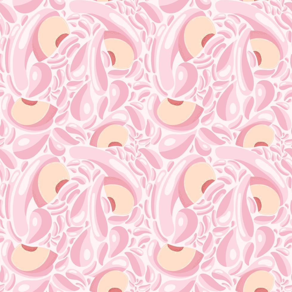 Fruit seamless pattern for textile products, peach pieces with juice splashes, peach smoothie in a flat style. vector