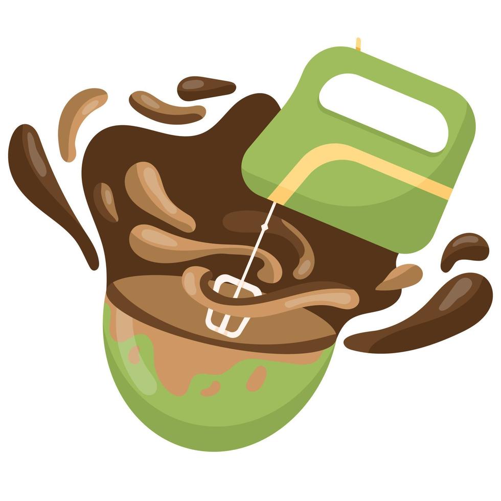 Chocolate cream is whipped with an electric mixer in a green plate, splashes of chocolate, illustration in a flat style vector