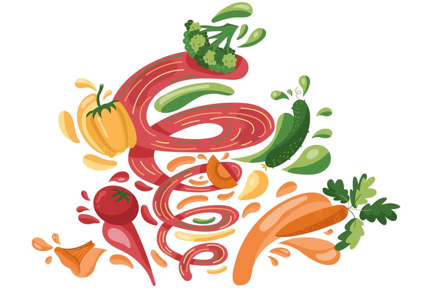 hacer batidos de verduras frescas, preparar alimentos orgánicos saludables. zanahoria, brócoli, tomate, champiñón, jugo de pepino en un estilo de dibujos animados planos. ilustración vectorial vector