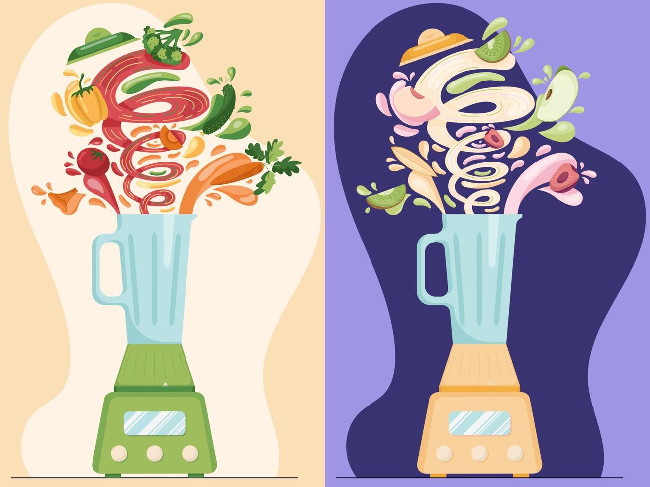Making vegetables and fruits fresh smoothie in electric blender, preparation healthy organic food in a flat cartoon style. Vector illustration