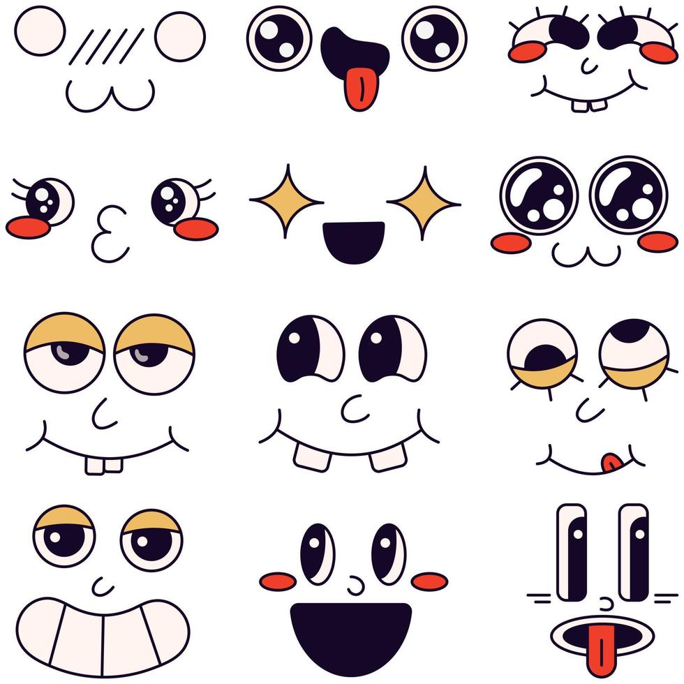 Faces with different emotions on the white background in the cartoon style of the 70s vector