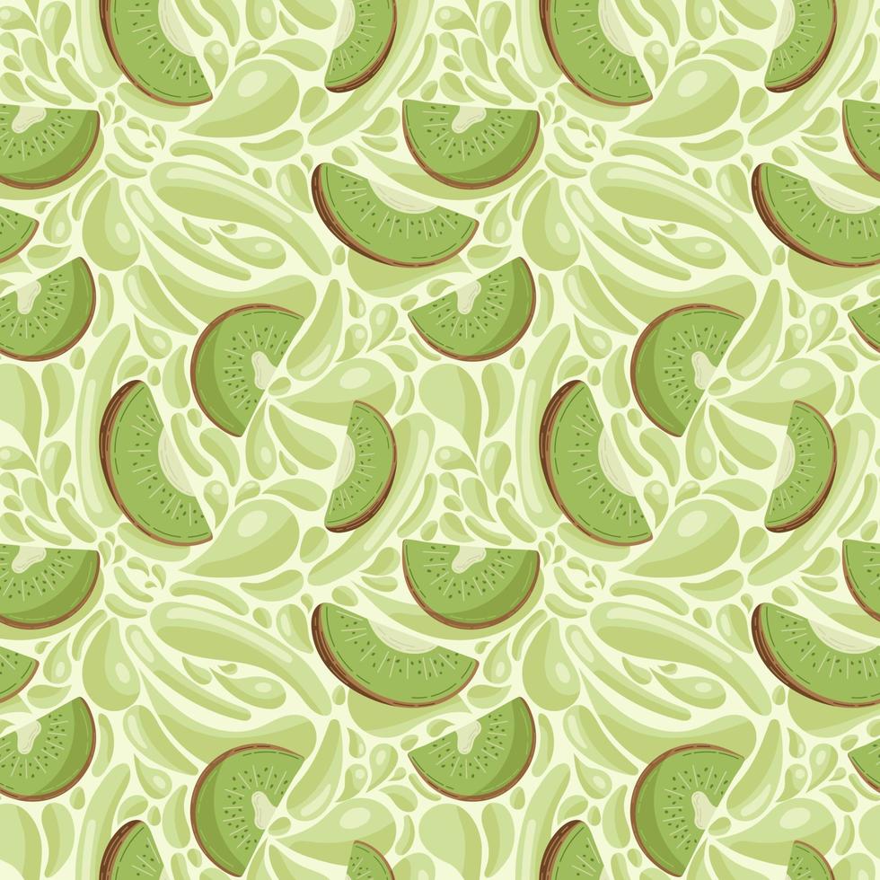 Fruit seamless pattern for textile products, kiwi pieces with juice splashes, kiwi smoothie in a flat style. vector