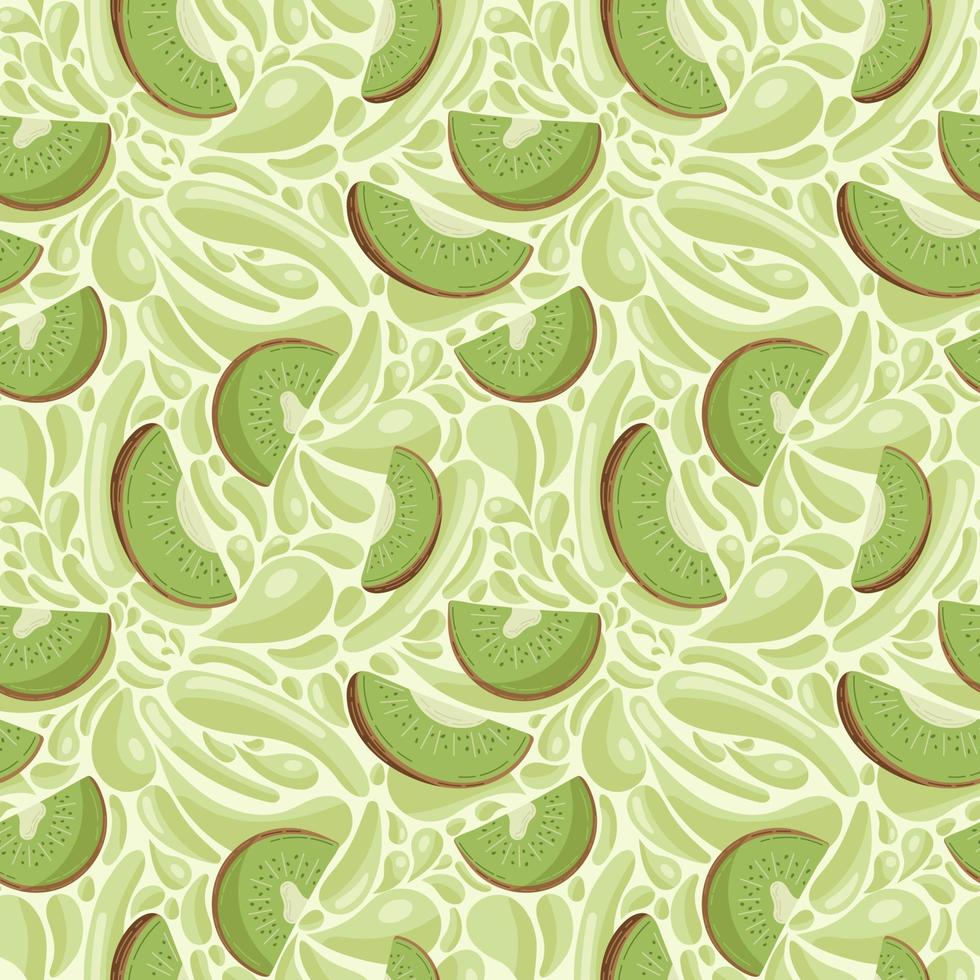 patrón de frutas sin fisuras para productos textiles, piezas de kiwi con salpicaduras de jugo, batido de kiwi en un estilo plano. vector